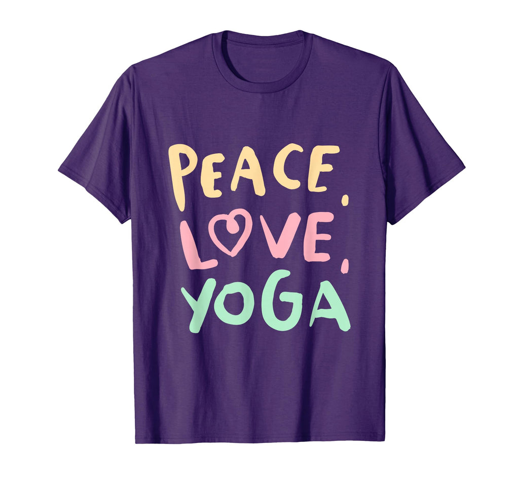Purple t-shirt with 'Peace Love Yoga' text in colorful letters on a white background
