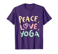 Purple t-shirt with 'Peace Love Yoga' text in colorful letters on a white background