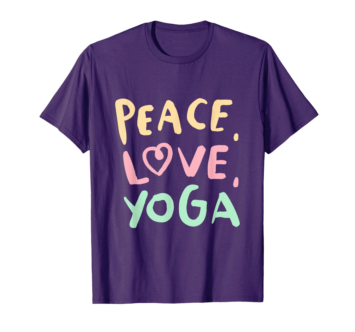 Purple t-shirt with 'Peace Love Yoga' text in colorful letters on a white background