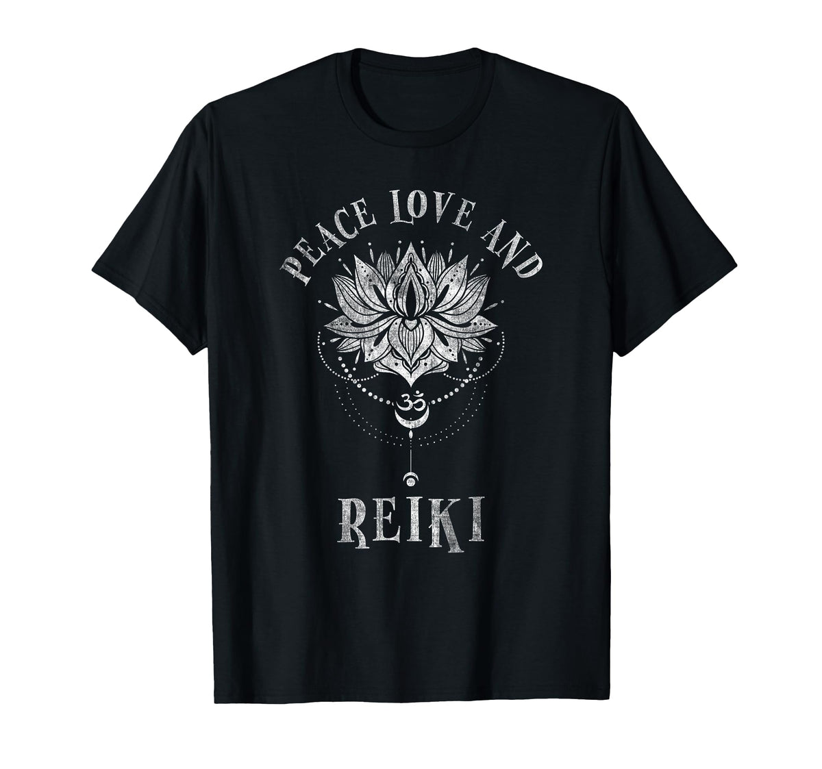 Black t-shirt with white Reiki design and text on a white background