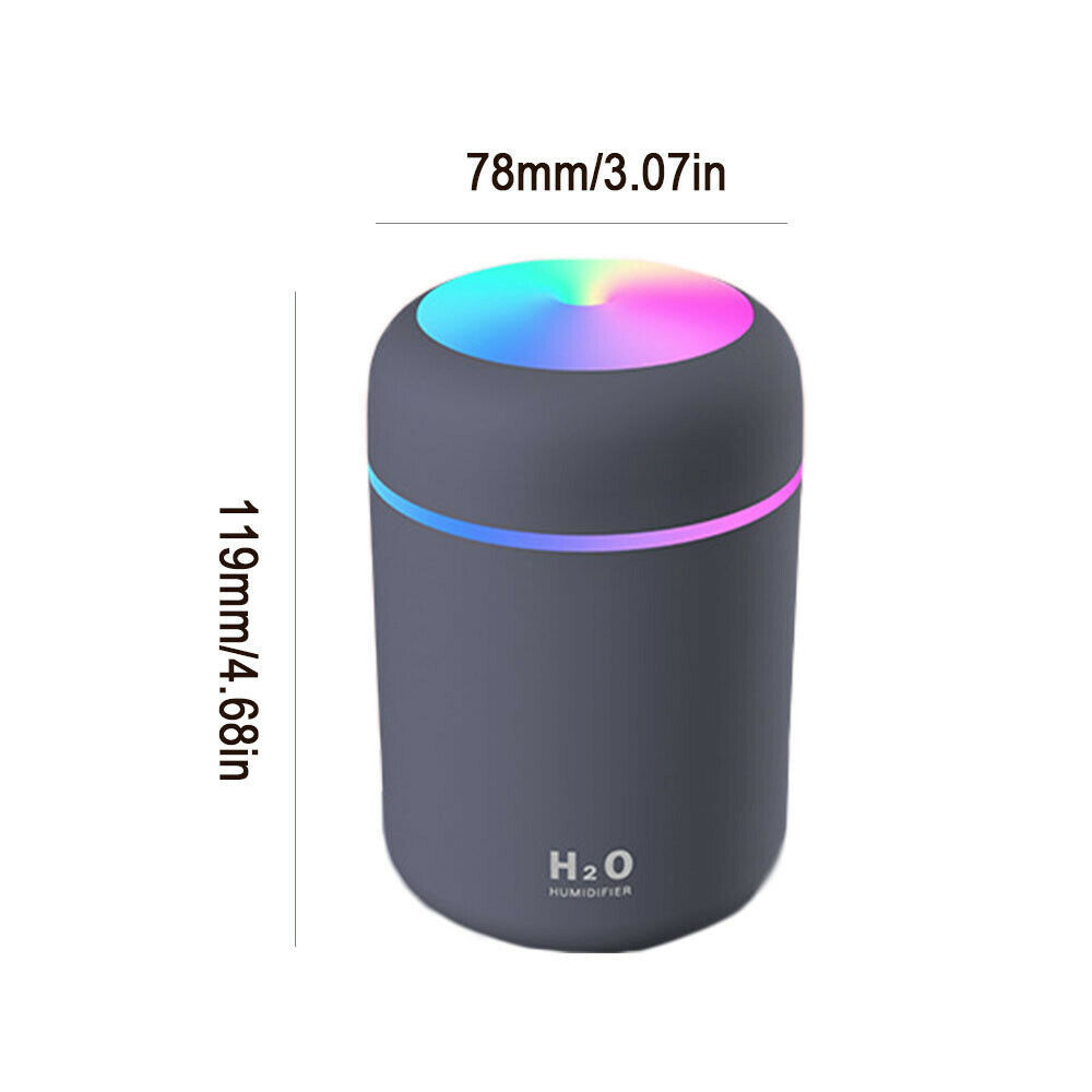 Gray humidifier with colorful LED lights and dimensions on a white background