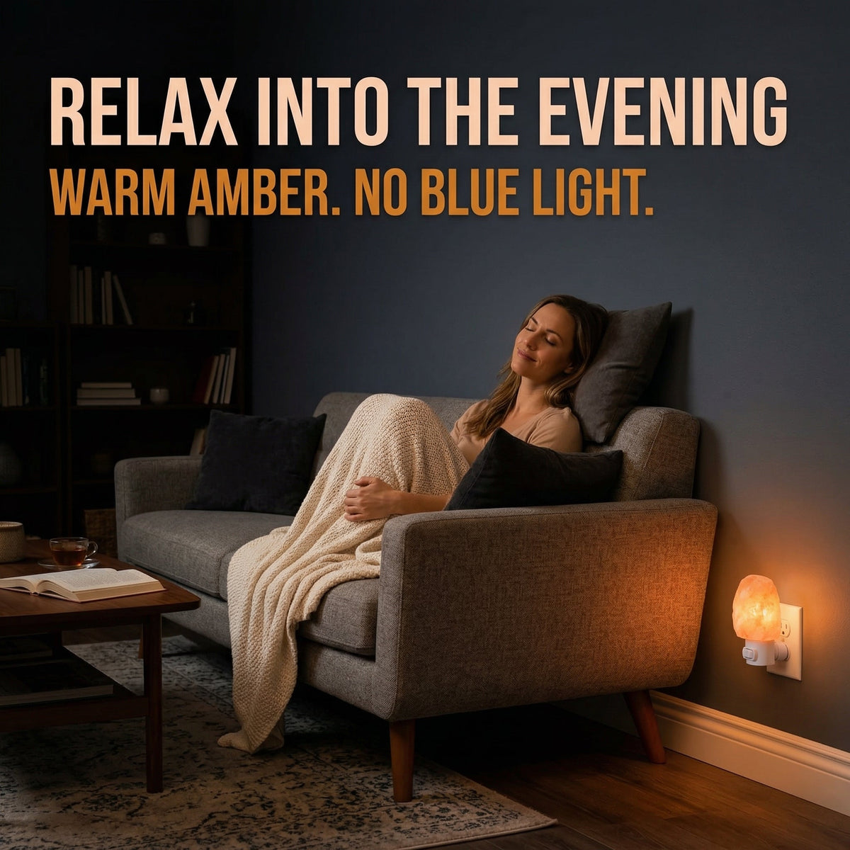 Woman sitting on a couch with eyes closed and a salt light nightlight plugged in and glowing.