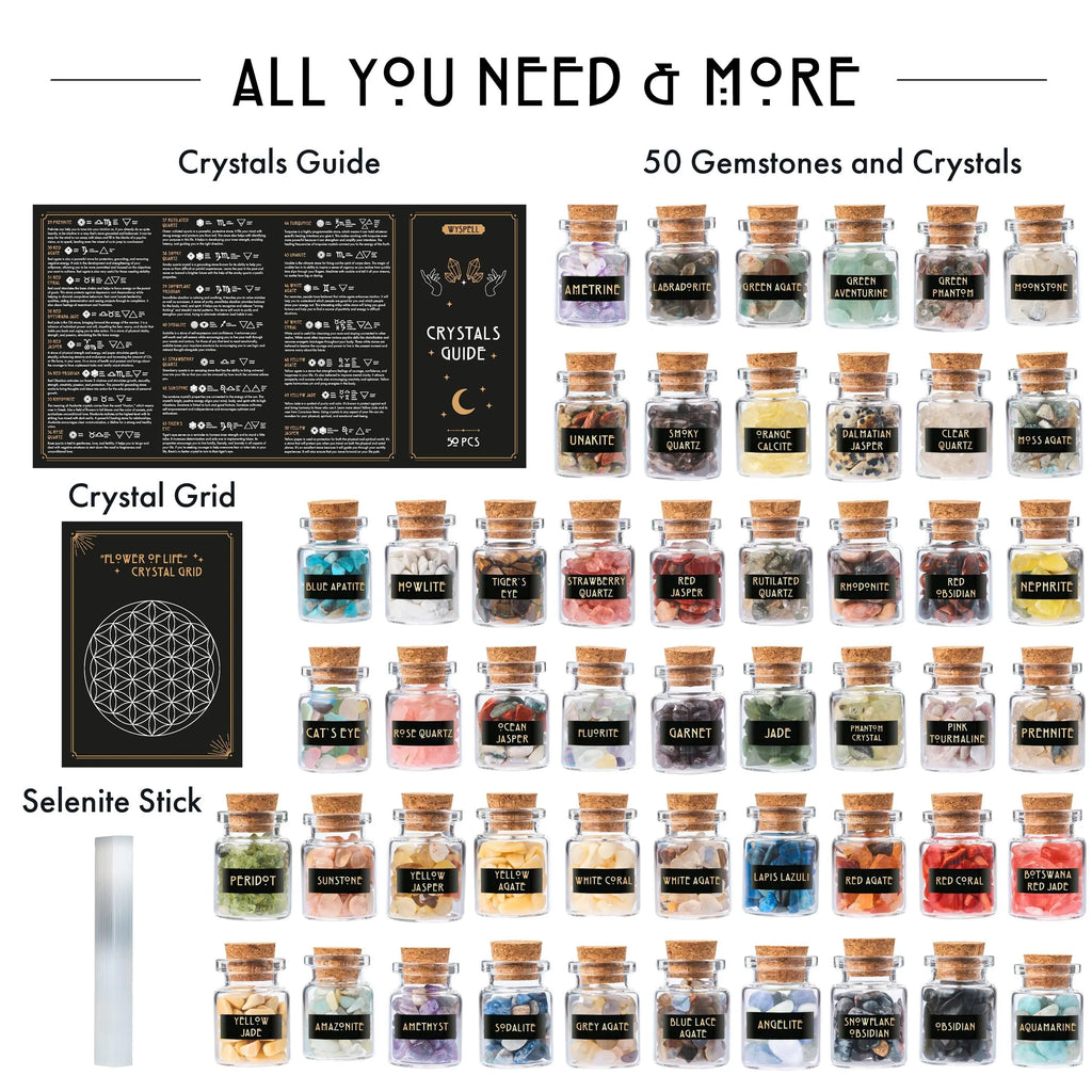 Fifty small glass bottles containing various labeled gemstones from a 50 PCS Gemstone Kit, arranged in a grid with an instructional guide and a circular crystal grid card.