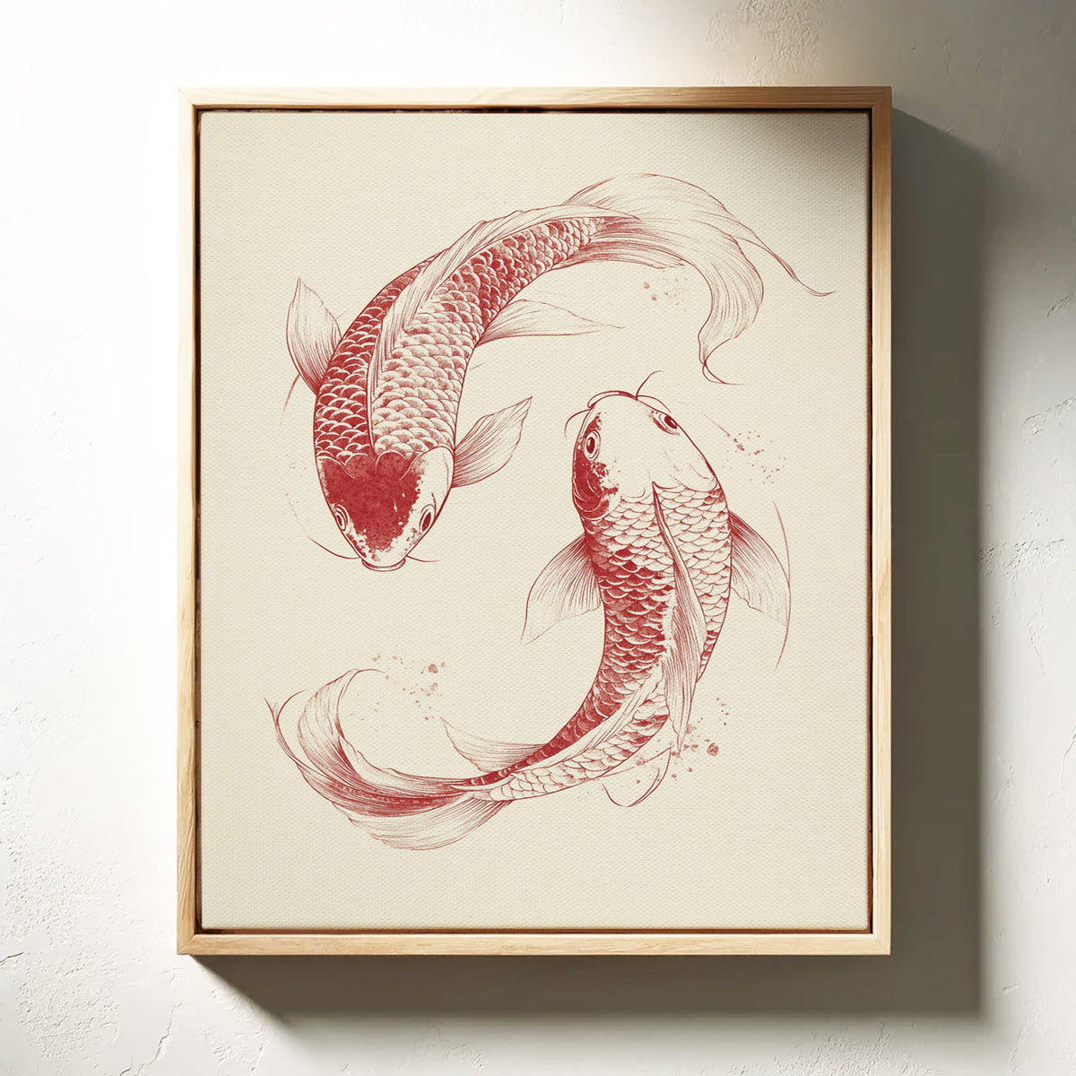 Framed artwork of two red koi fish on a beige background