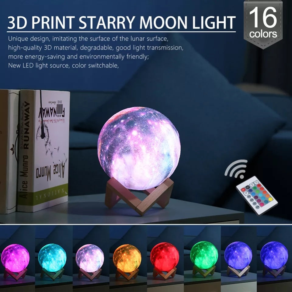 3D-printed starry moon light with remote control and color-changing capabilities on a table.