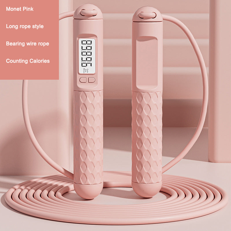 Pink digital jump rope with a digital display on a light pink background