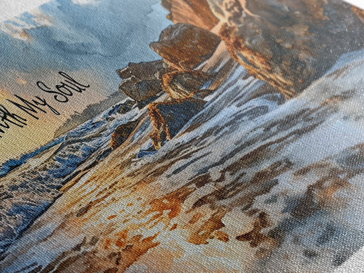 Textile art piece with landscape and text 'With My Soul'
