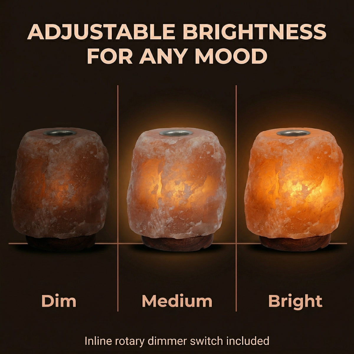 Three salt lamp illustrations showing dim, medium, and bright light settings with text indicating adjustable brightness.