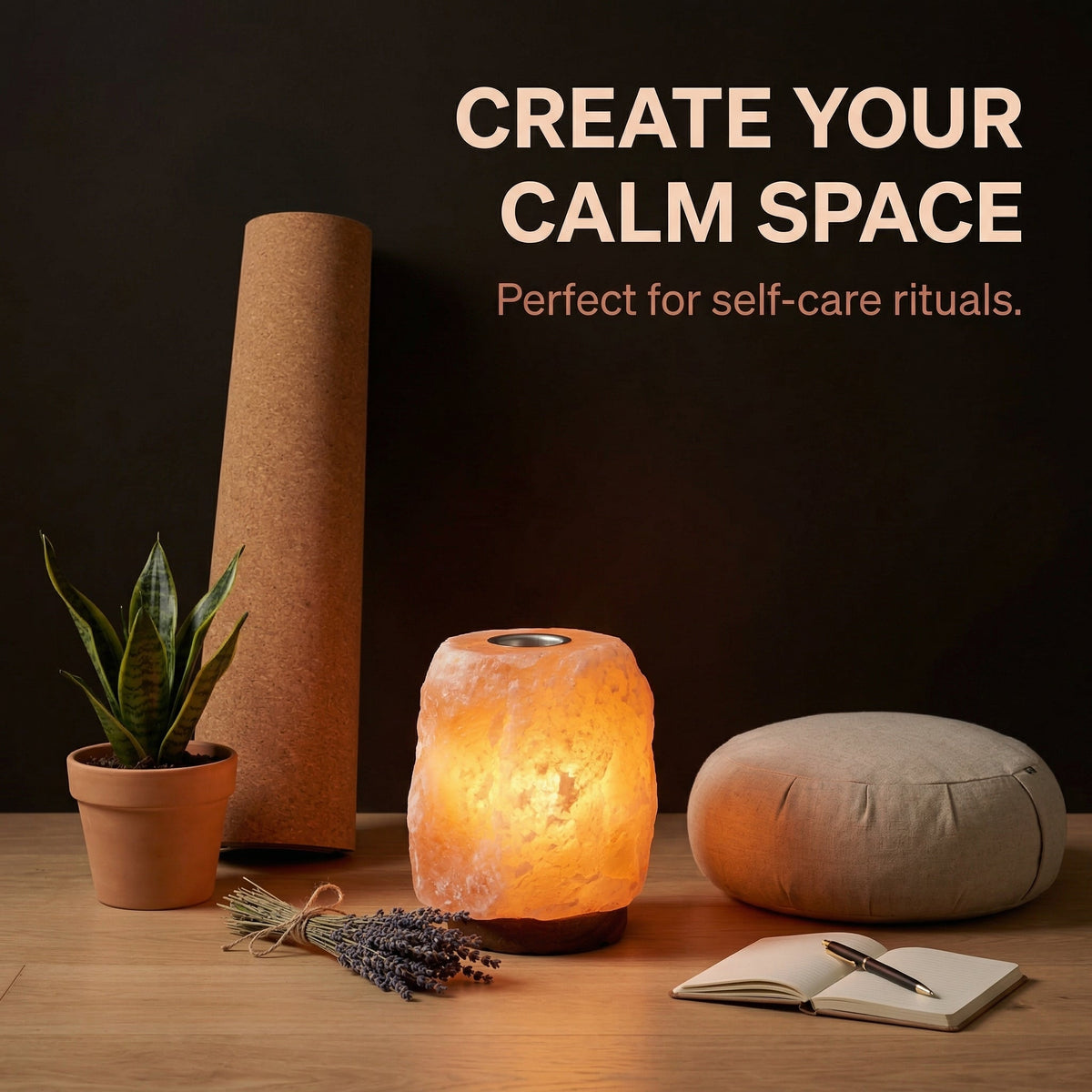 Decorative items including a salt lamp, plant, and pillow on a wooden surface with text 'Create Your Calm Space'.