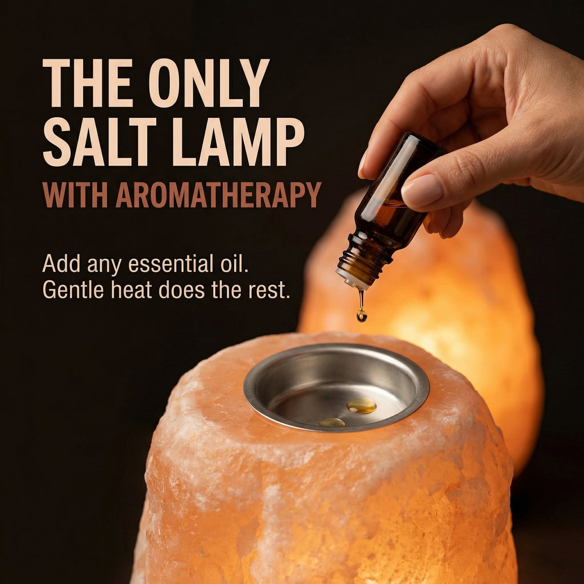 Himalayan salt lamp with a hand adding essential oil, text about aromatherapy.