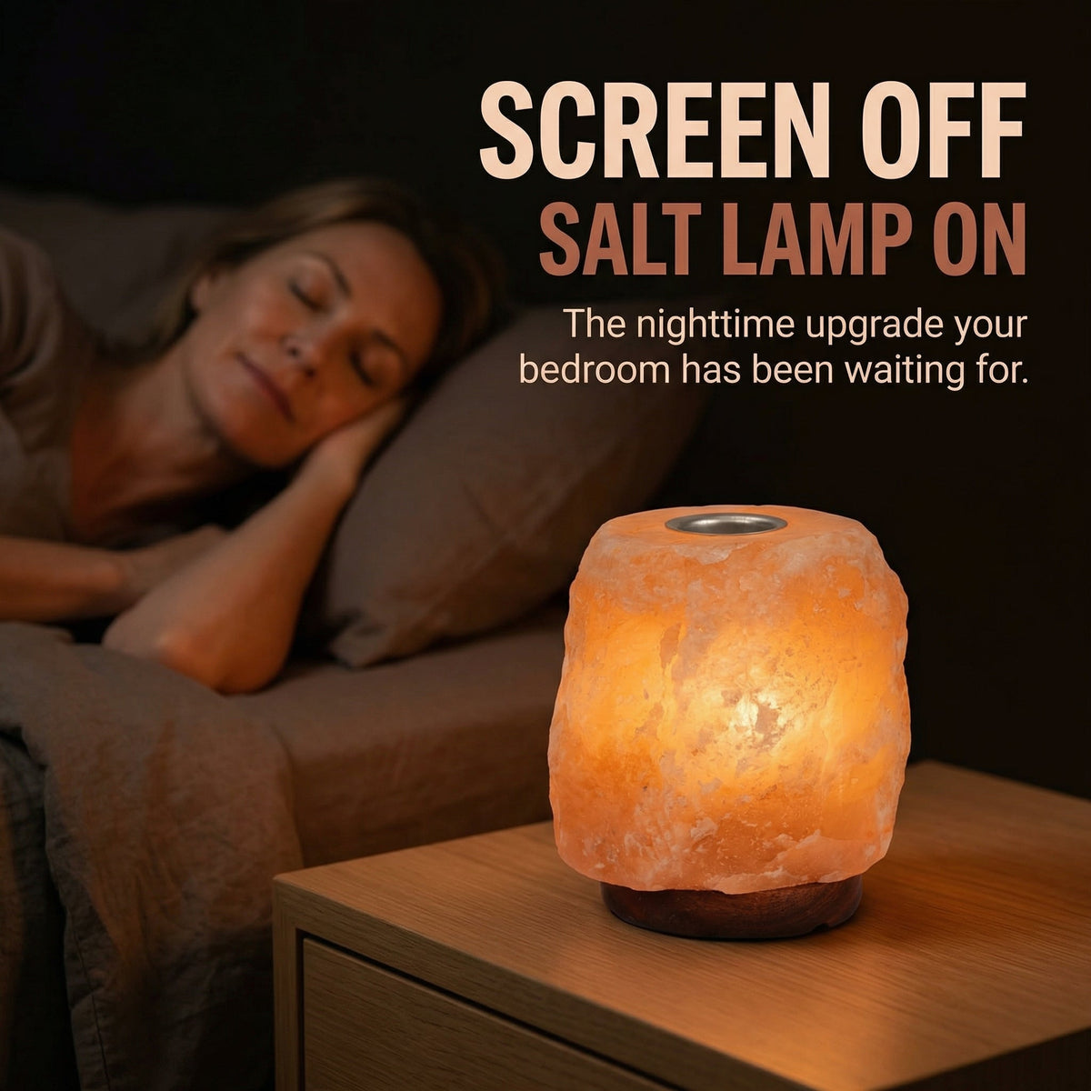 Woman sleeping with a glowing salt lamp on a nightstand.