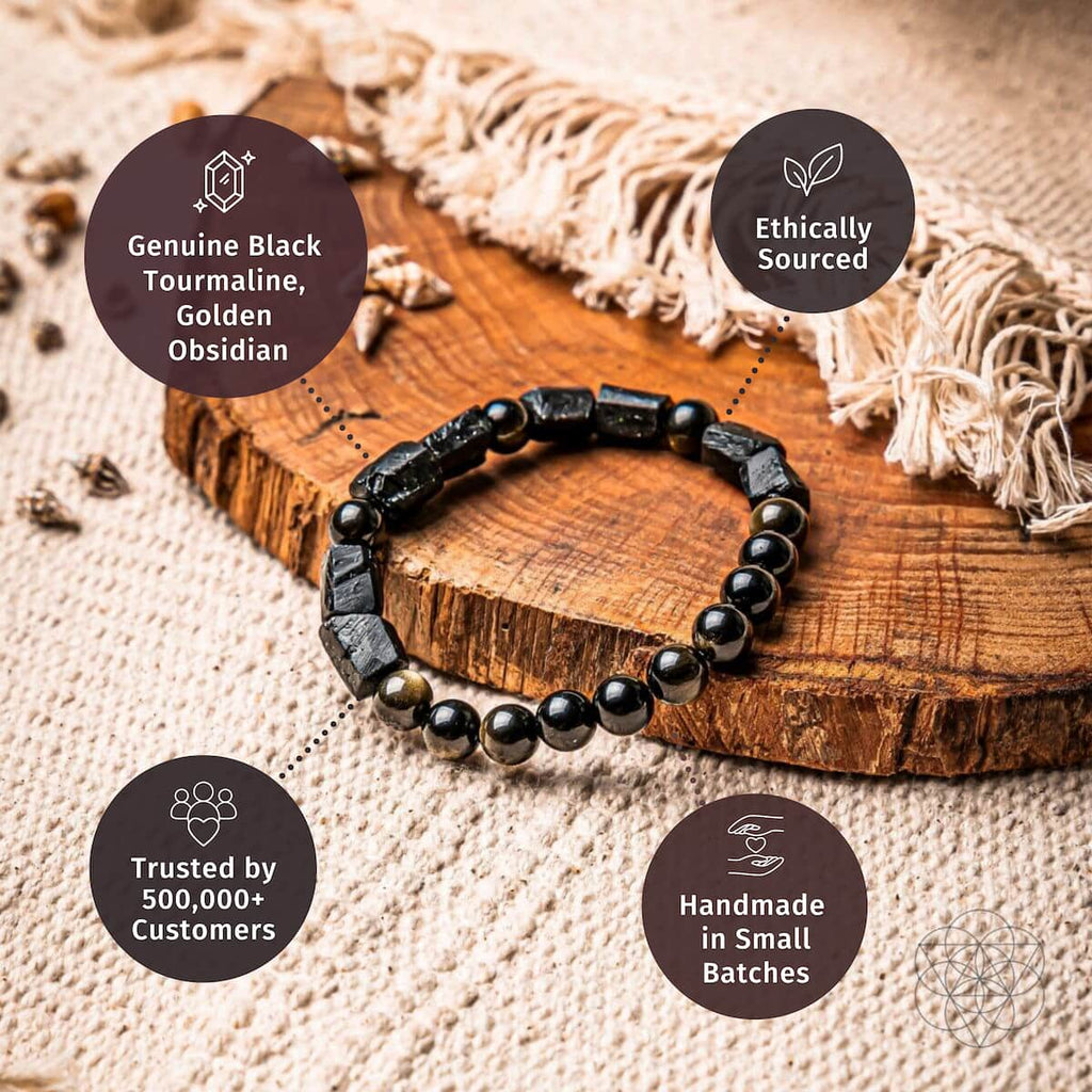 A beaded bracelet made of black tourmaline and round black beads, displayed on a rustic wooden slice with burlap. Four circular text badges highlight product features: 'Genuine Black Tourmaline, Golden Obsidian', 'Ethically Sourced', 'Trusted by 500,000 Customers', and 'Handmade in Small Batches'.