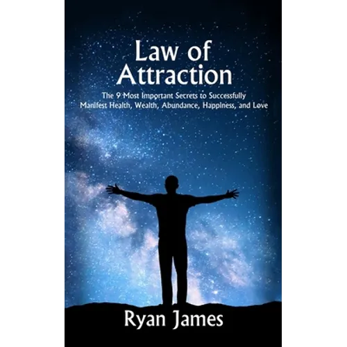 Book cover for 'Law of Attraction' by Ryan James, featuring a silhouetted figure with arms outstretched against a starry blue night sky.