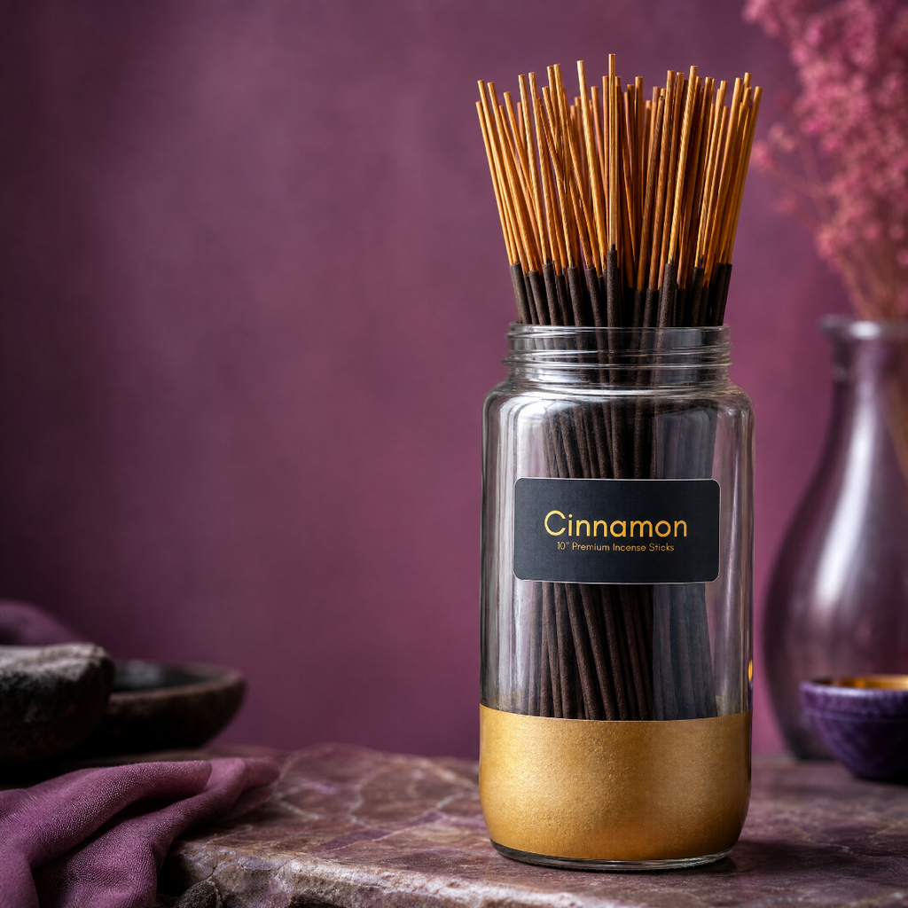 A jar of Cinnamon incense sticks next to a small vase of flowers.