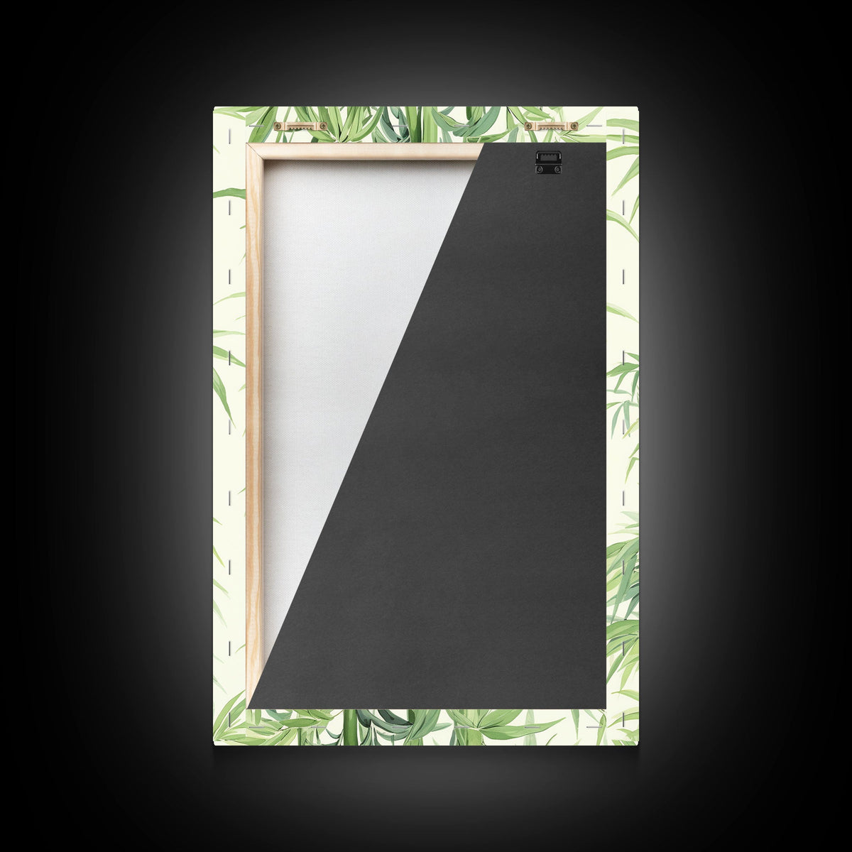 Framed artwork with a black triangle on a white background, set against a dark background.