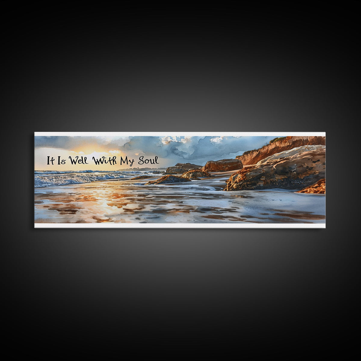 Panoramic beach scene with text 'It Is Well With My Soul' on a dark background