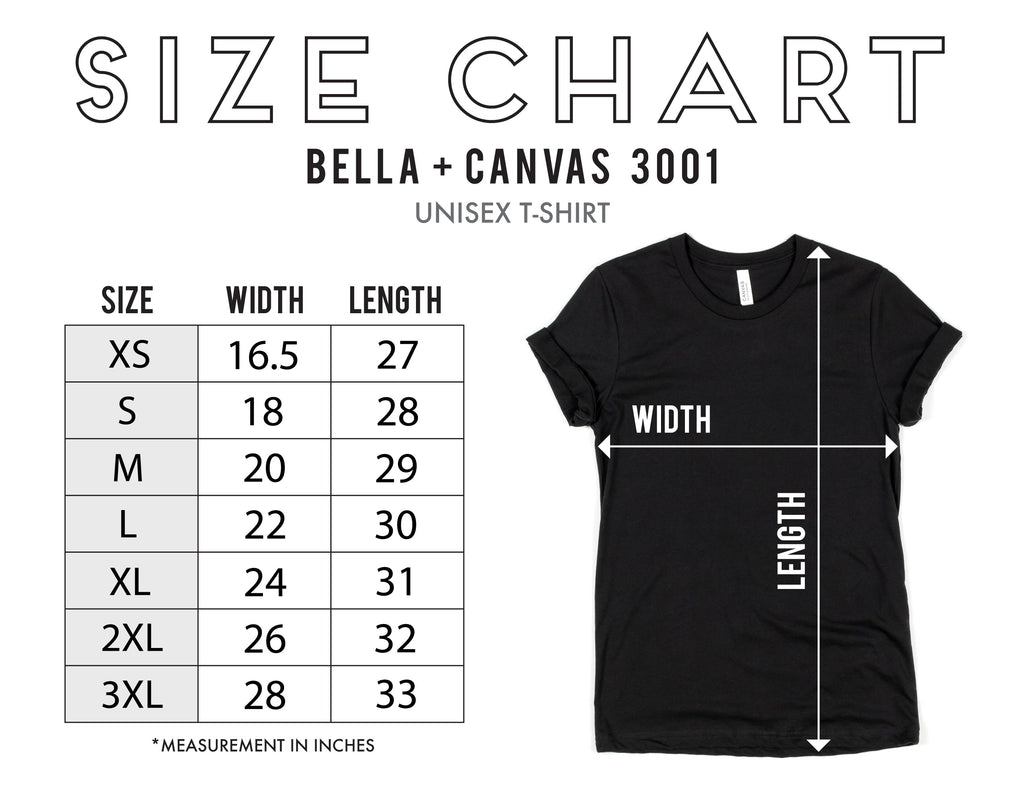 Size chart for Bella + Canvas 3001 unisex t-shirt with dimensions on a black t-shirt.