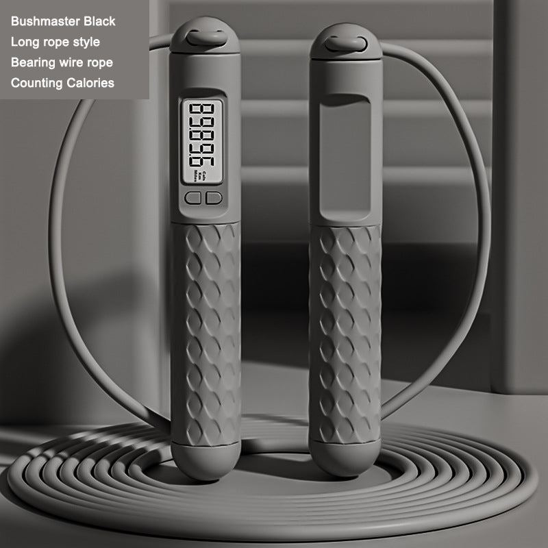 Gray digital jump rope with a digital display on a gray background