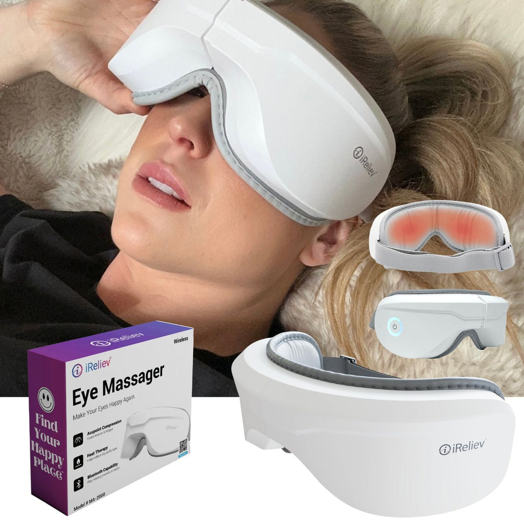 Woman using a white eye massager with additional devices and packaging displayed.