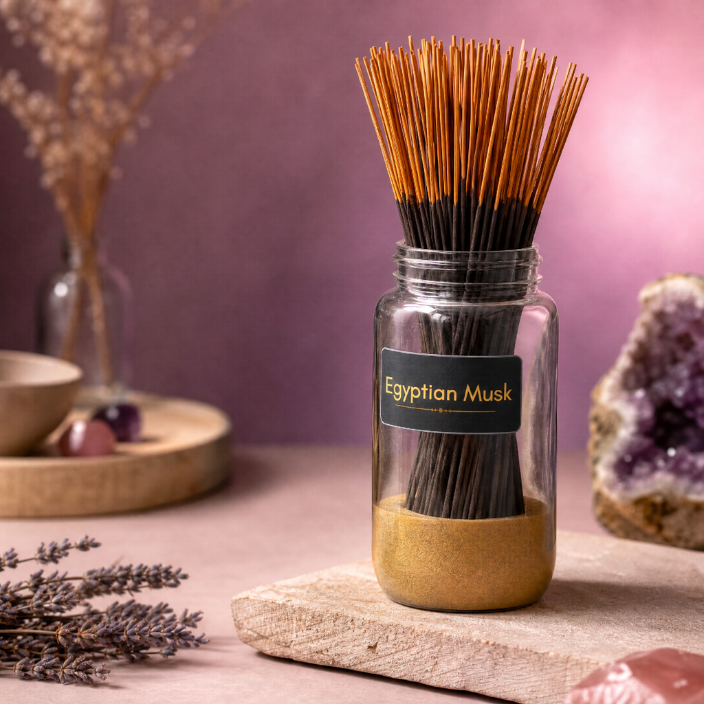 A jar of Egyptian Musk incense sticks on a pink surface with crystals.
