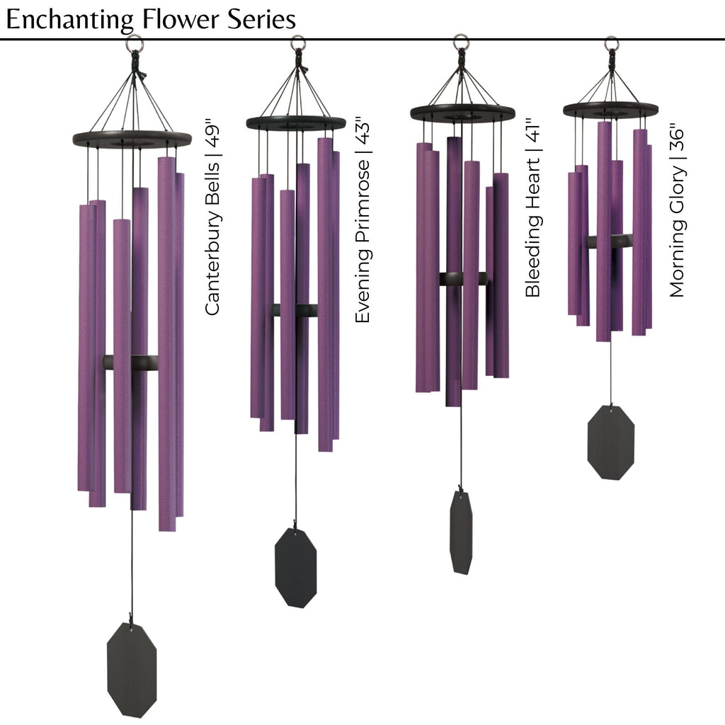 Enchanting Flowers Series purple wind chimes showing four models and sizes