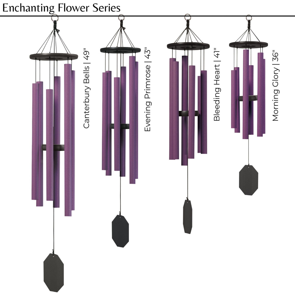 Enchanting Flowers Series purple wind chimes showing four models and sizes