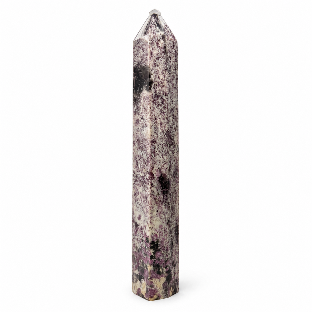 A natural quartz crystal obelisk with a pointed top, featuring a marbled pattern of purple, black, and cream-colored inclusions, set against a plain white background.