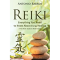 Book cover of 'Reiki: Everything You Need to Know About Energy Healing' by Antonio Barros with stones and candle on a light background.