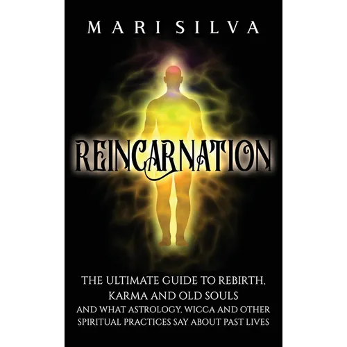 Black book cover with white lettering with a person's body in the center of the cover surrounded by yellow energy and the word Reincarnation across the center of the cover.