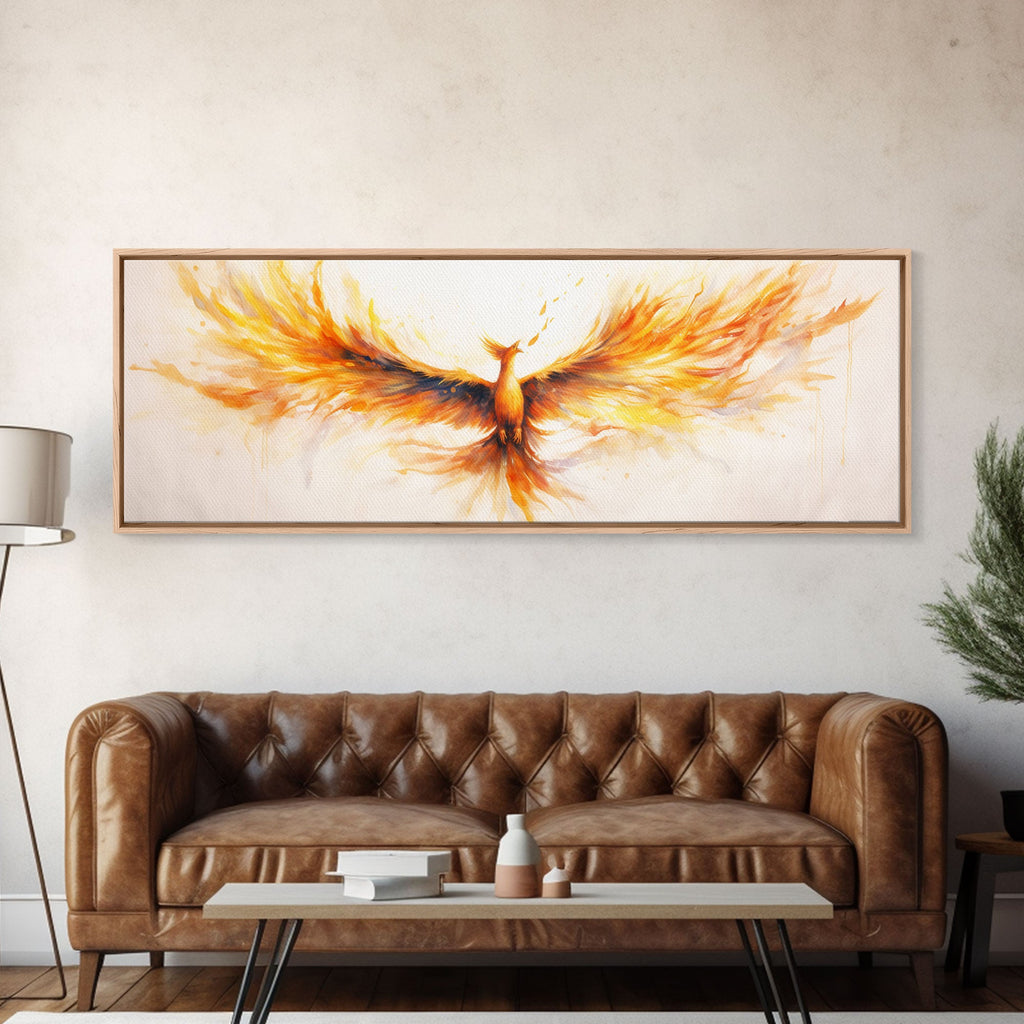 Living room with a brown leather sofa and a large abstract painting of a phoenix on the wall.