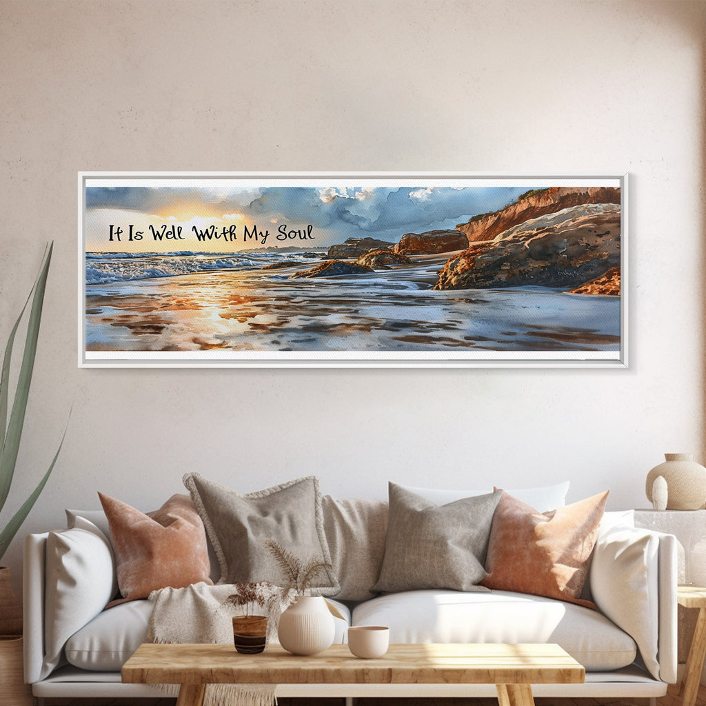 Framed artwork of a beach scene with text above a living room setting.