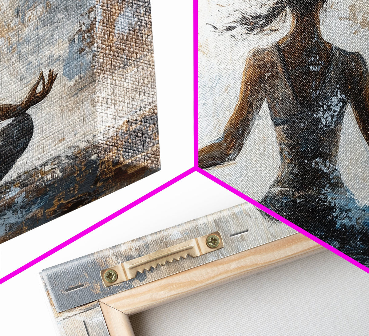 Close-up of a framed artwork with a textured background