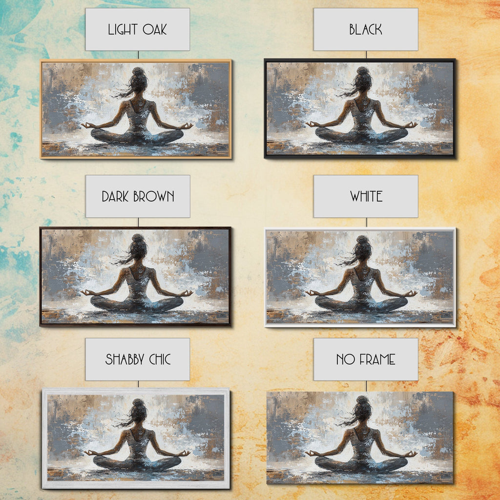 Set of framed wall art depicting a meditating figure in various color options and styles.