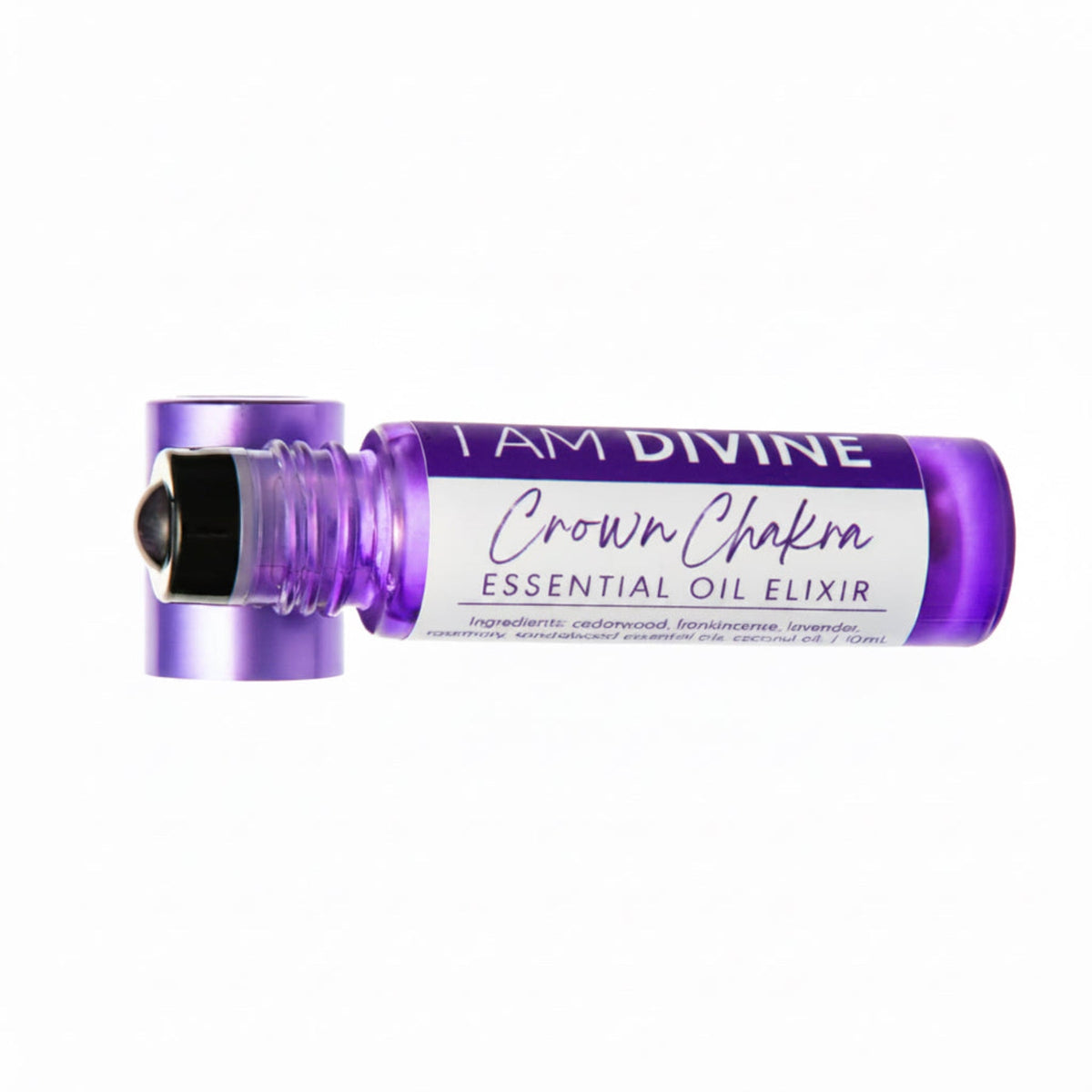 A purple glass roll-on bottle of essential oil elixir with a white label reading 'I AM DIVINE Crown Chakra ESSENTIAL OIL ELIXIR' on a white background.