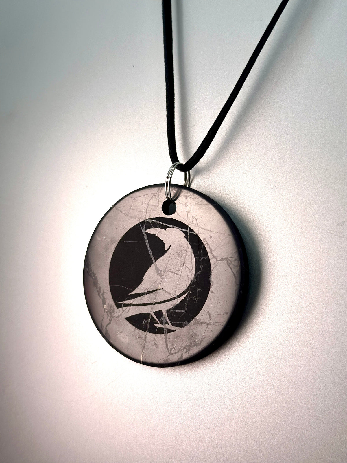 A round pendant necklace featuring a black bird silhouette over a cracked light gray background, suspended from a black cord with a silver ring.