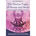 Book cover for 'The Tibetan Yogas of Dream and Sleep' by Tibetan Yoga Academy, featuring a meditating figure in a lotus position against a pink and purple cosmic background with white text.