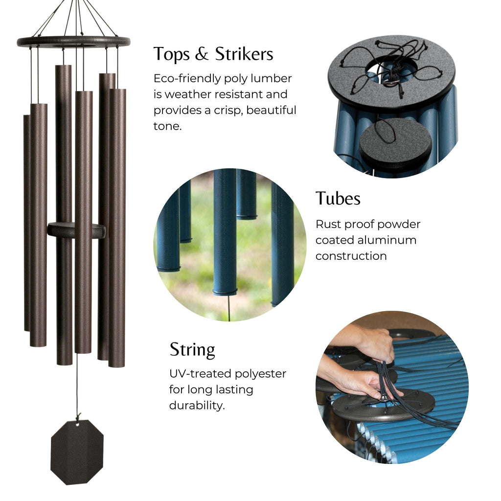 Wind chime construction showing poly-lumber top, aluminum tubes and UV-treated string