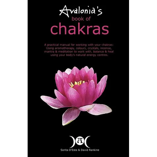 Book cover of 'Avalonia's Book of Chakras' with a pink lotus flower on a black background.