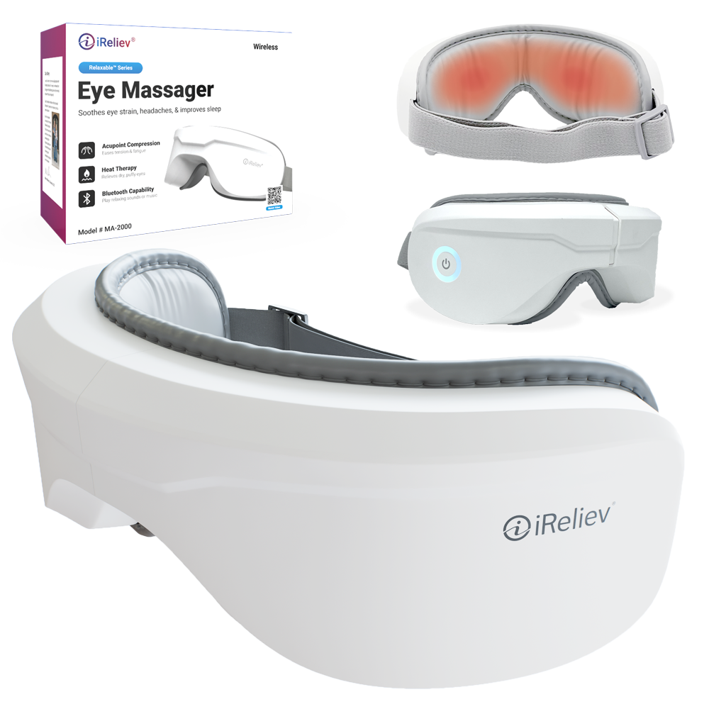 iReliev eye massager with packaging on a white background