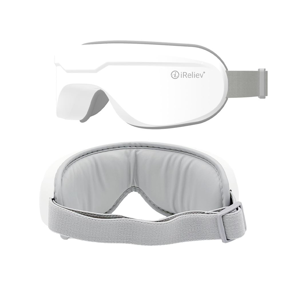 White eye mask with gray strap on a white background, featuring the iReliev logo.