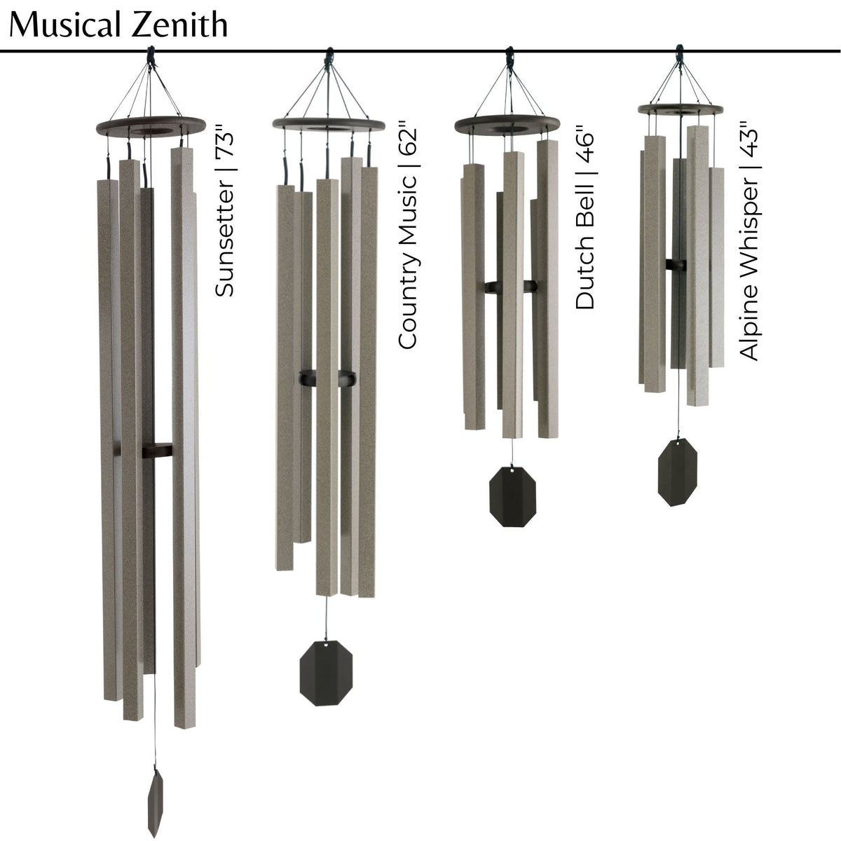 Set of wind chimes with labeled lengths on a white background