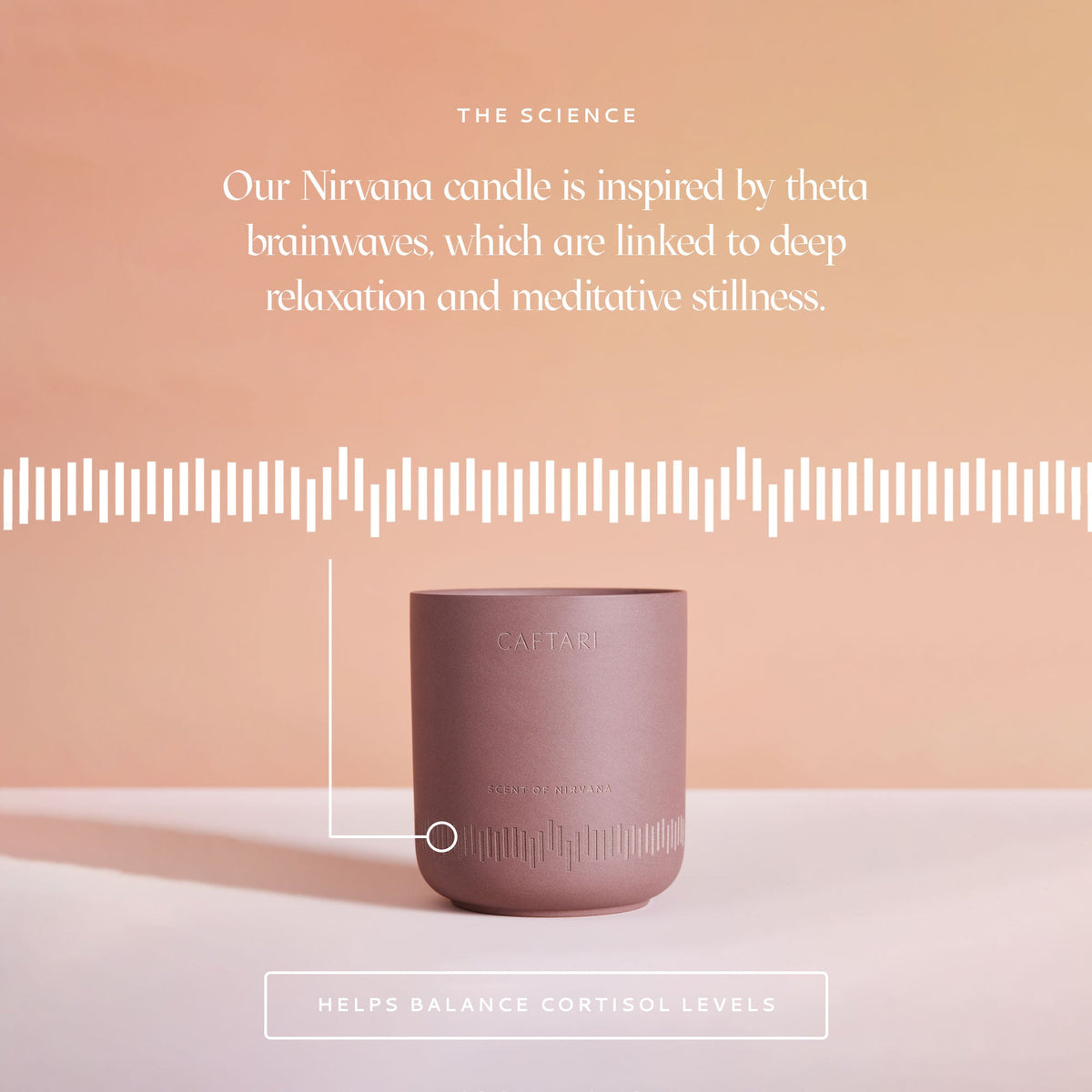Pink candle with text about theta brainwaves and cortisol levels on a beige background
