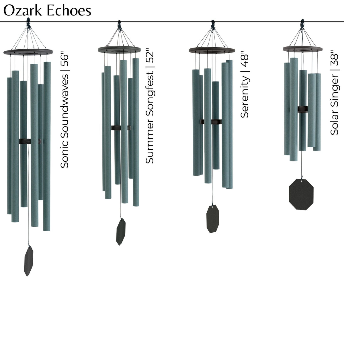 Four different wind chimes with labeled lengths on a white background