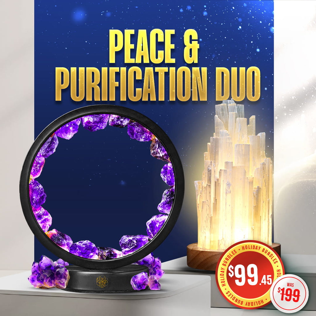 Picture of an Amethyst halo lamp and a Selenite Lamp in front of a starry night background.