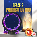 Picture of an Amethyst halo lamp and a Selenite Lamp in front of a starry night background.