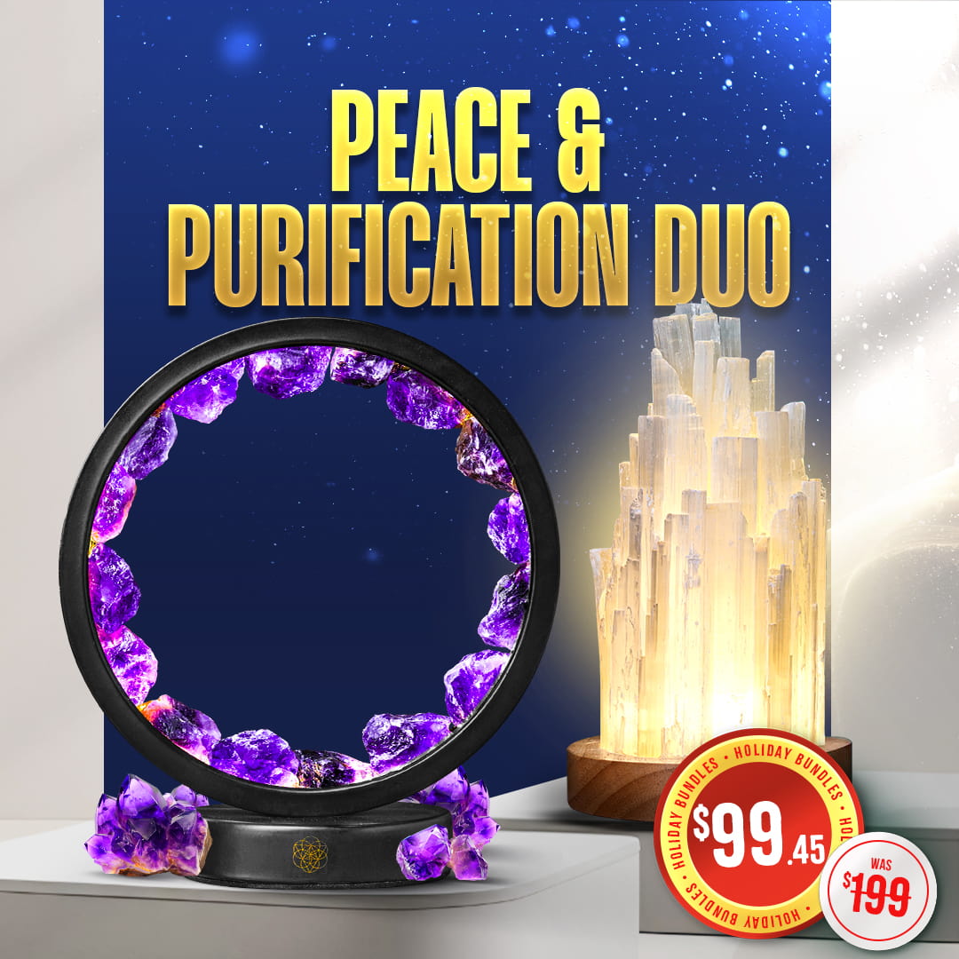 Picture of an Amethyst halo lamp and a Selenite Lamp in front of a starry night background.