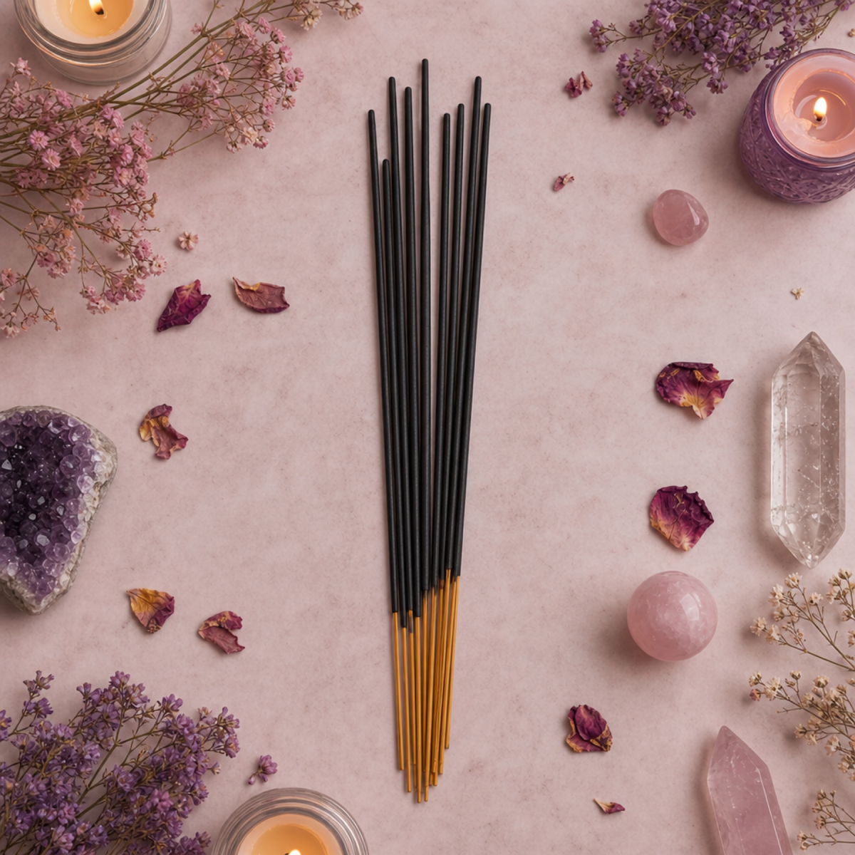 Nine incense sticks lying on a pink surface with flowers and crystals.