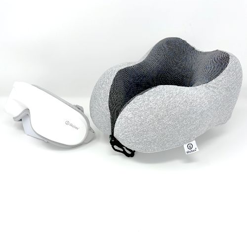 Gray travel pillow with a white carrying case on a white background