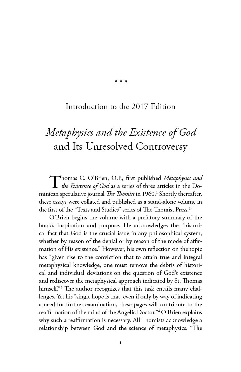 Introduction page of a book titled 'Metaphysics and the Existence of God and Its Unresolved Controversy' with text on a white background.