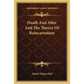 Book cover for 'Death And After And The Theory Of Reincarnation' by Manly Palmer Hall, featuring a dark brown damask patterned background with gold text and ornamental borders.